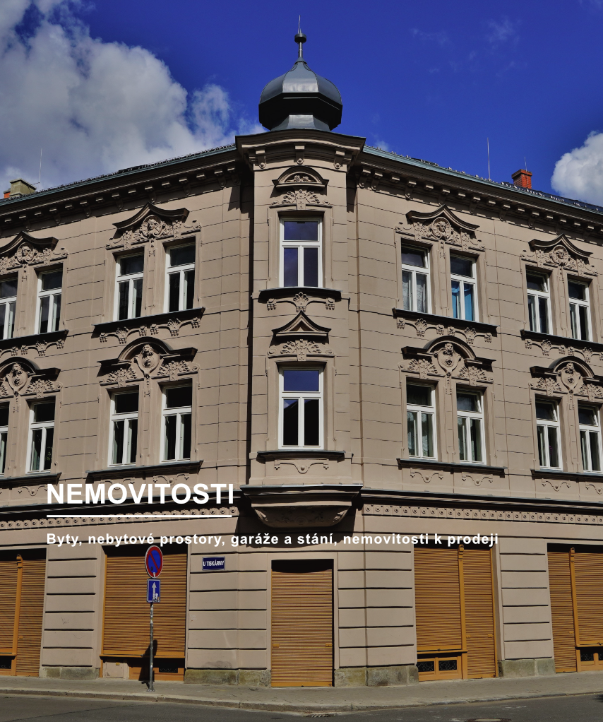obrázek budovy s nápisem nemovitosti - Byty, nebytové prostory, garáže a stání, nemovitosti k prodeji