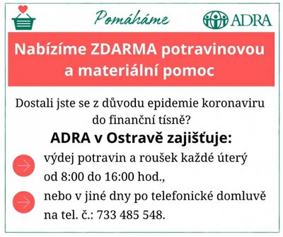 Ostravská ADRA nabízí zdarma potravinovou a materiální pomoc 