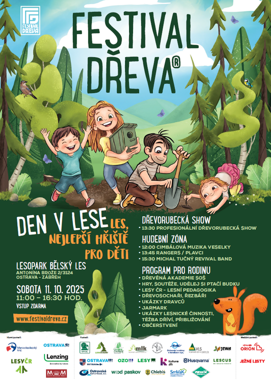 V Ostravě, v lesoparku Bělský les proběhne v sobotu 11. 10. 2025 jubilejní 20. ročník lesnické akce Festival dřeva / Den v lese